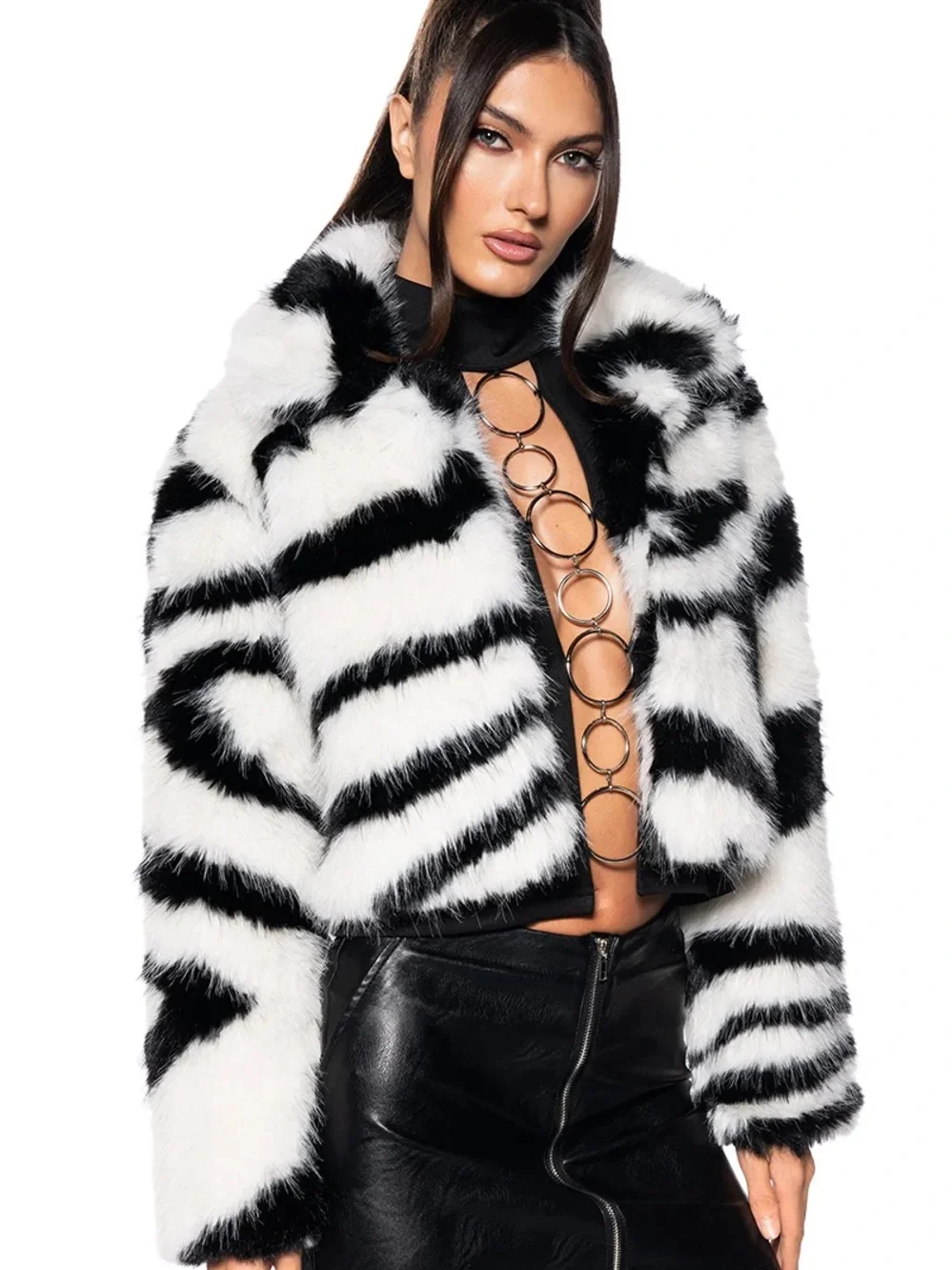 AKIRA Black & White Faux Fur Striped Jacket - Women's Cozy Statement Coat - Picture 2 of 3